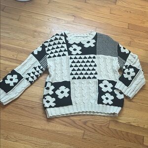 By Together Cream and Black Patchwork Floral Cable Sweater
